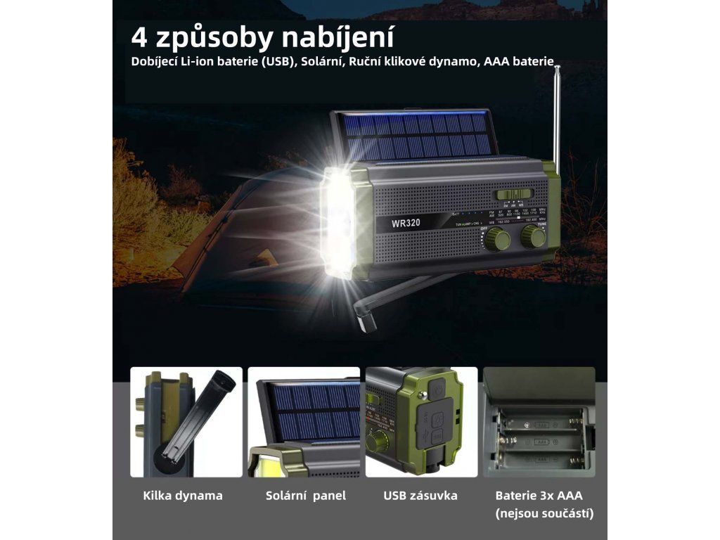 Núdzové rádio Green Power s možnosťou použitia vymeniteľných AA batérií ako záložného zdroja energie