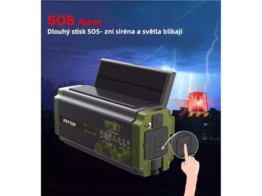 SOS alarm na núdzovom rádiu Green Power so sirénou a blikajúcim núdzovým svetlom