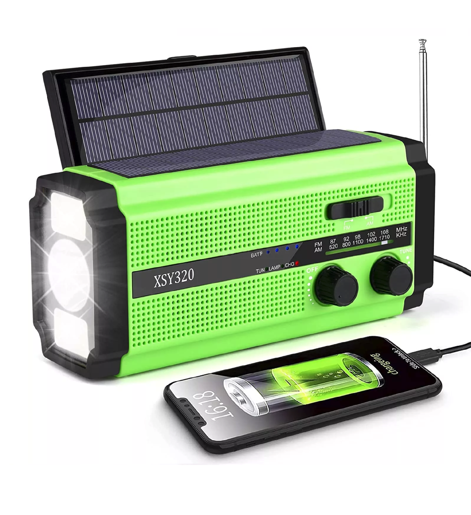 Núdzové rádio 5000 mAh Green Power s USB-C, dynamom, solárnym nabíjaním, LED svetlom a možnosťou použitia AA batérií