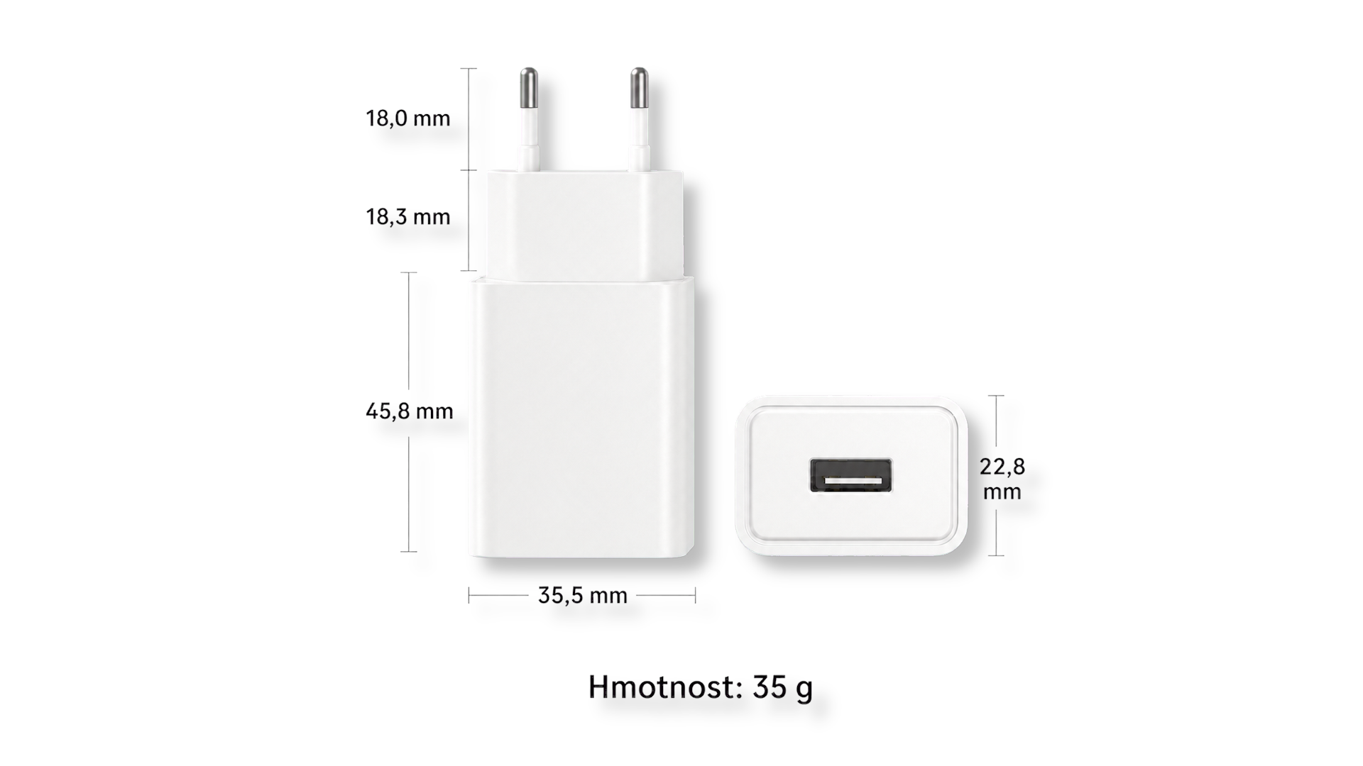 Rozměry bílé USB nabíječky 5 V 1 A a hmotnost 35 gramů